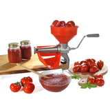 Wintem Exprimidor manual rojo 45 × 28,5 × 37 cm – Hecho de hierro fundido y acero inoxidable es resistente y duradero – Hélice eje tomate de resina acetálica resiste más de 220 °C – Fijación con