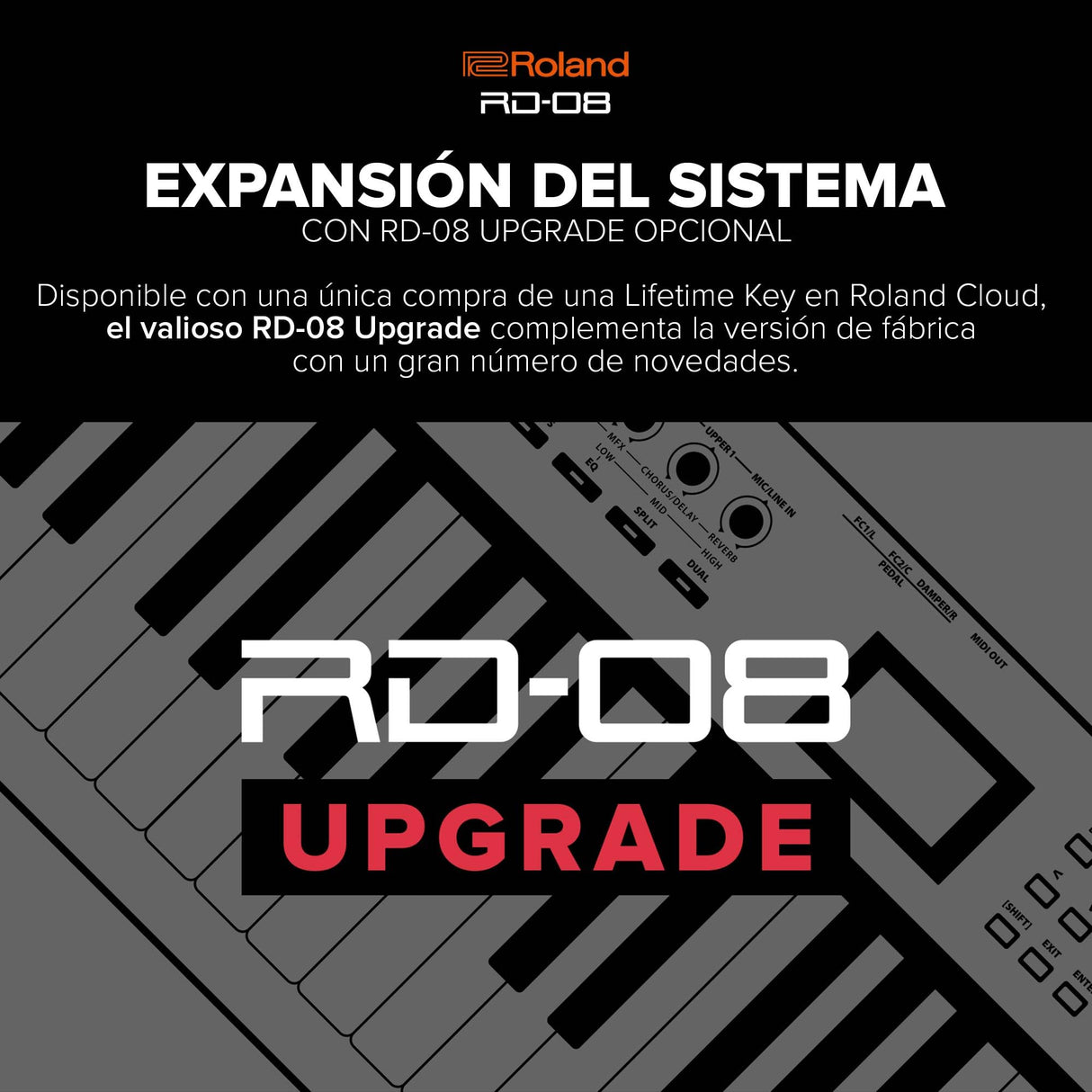 Piano de escenario Roland RD-08 | Sonido y ejecución RD auténticos | Diseño estilizado | Teclado PHA-4 contrapesado de 88 notas | Características ampliables | +3.000 sonidos integrados