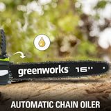 Greenworks Motosierra de batería GD40CS40 (Li-Ion 40V 11 m/s velocidad cadena 40cm longitud de espada 180ml volumen del depósito de aceite potente motor brushless sin batería y cargador)