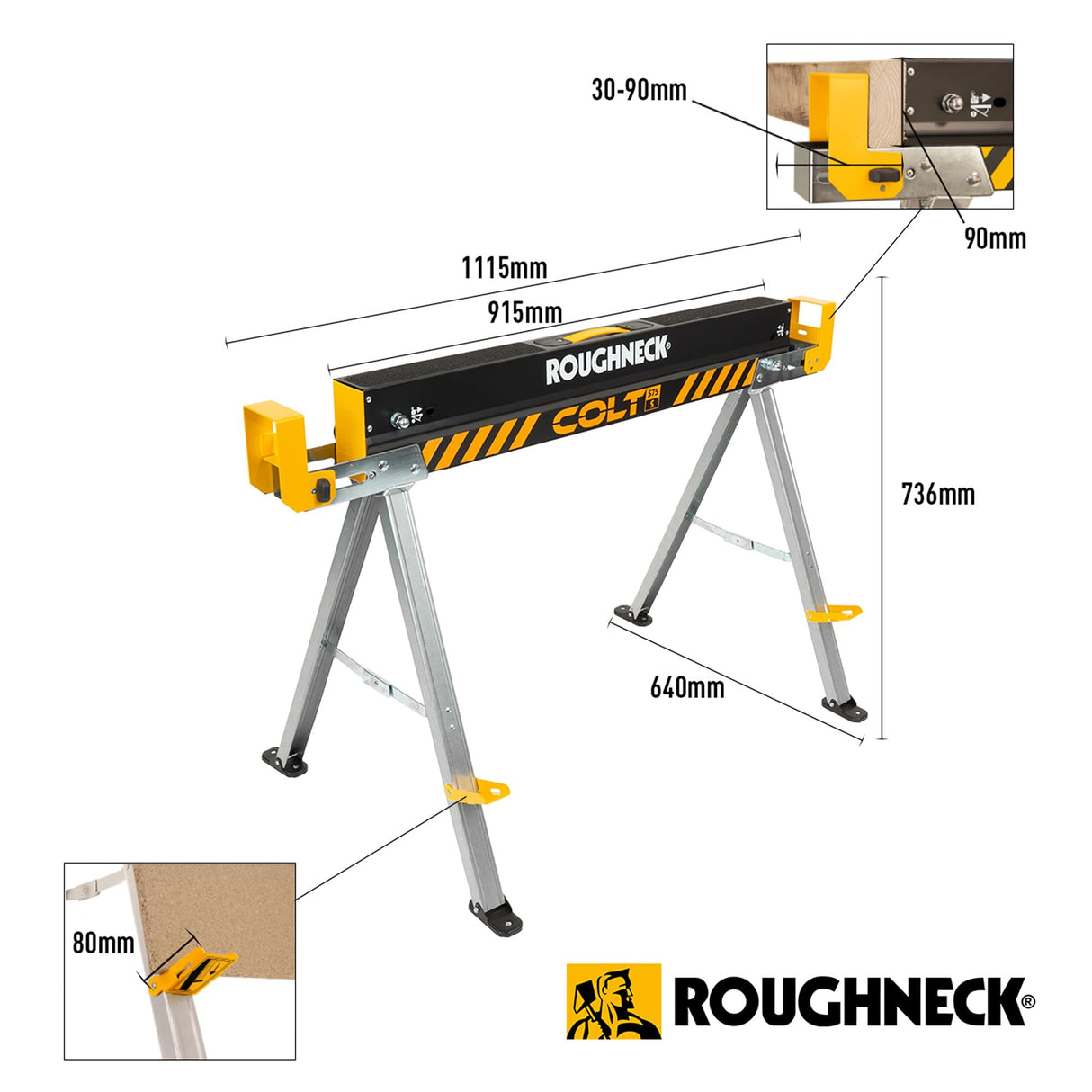 ROUGHNECK® Colt 575S Chevalet de sciage en acier robuste avec une capacité de 500 kg chacun, 1000 kg par paire pour le travail du bois et la construction - Lot de 2
