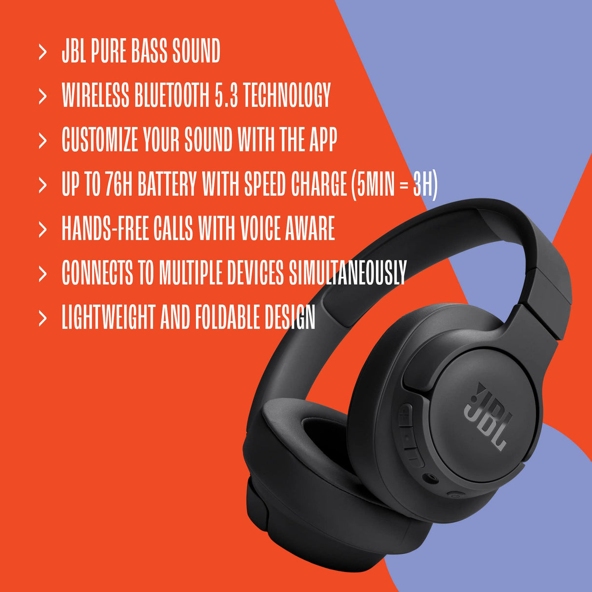 JBL Auriculares Tune 720 BT, inálambricos por Bluetooth, 76 horas de reproducción con JBL Pure Bass, plegables, negro