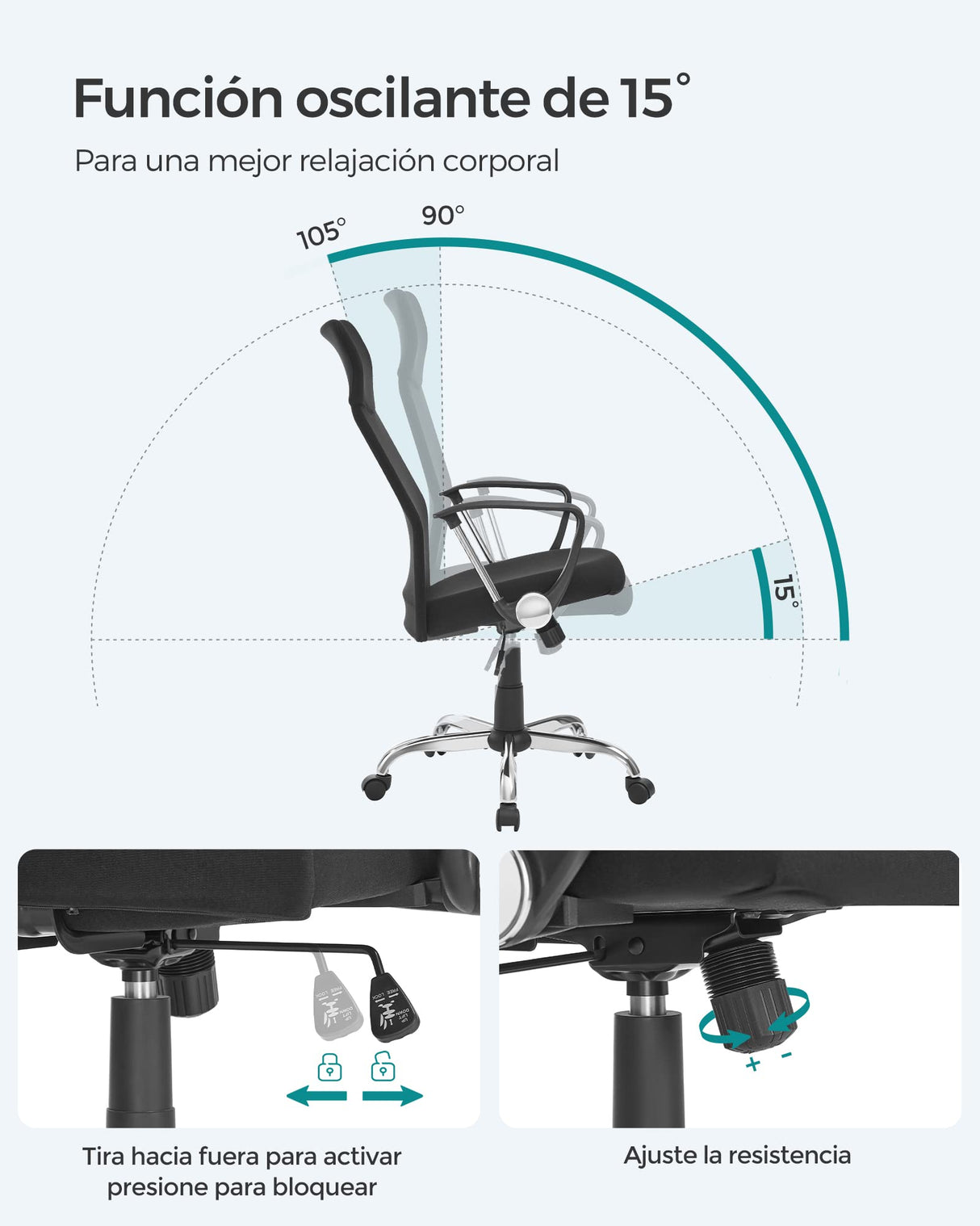 SONGMICS Silla de Oficina, Silla de Escritorio Ergonómica, Silla Giratoria, Asiento Tapizado, Ajustable en Altura e Inclinable, Carga de 120 kg, Negro Tinta OBN034B01