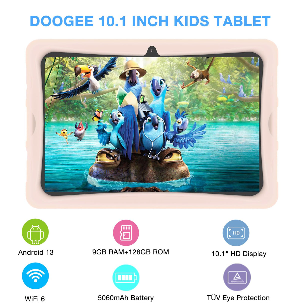 DOOGEE U10 Kid Tablet Infantil 10,1" Android 13,Tablet para niños Quad Core 9GB +128GB/TF 1To,Kids Space,Widevine L1, WiFi 6, BT 5.0, GPS,8MP+5MP,Material de Silicona alimentaria-Rosa