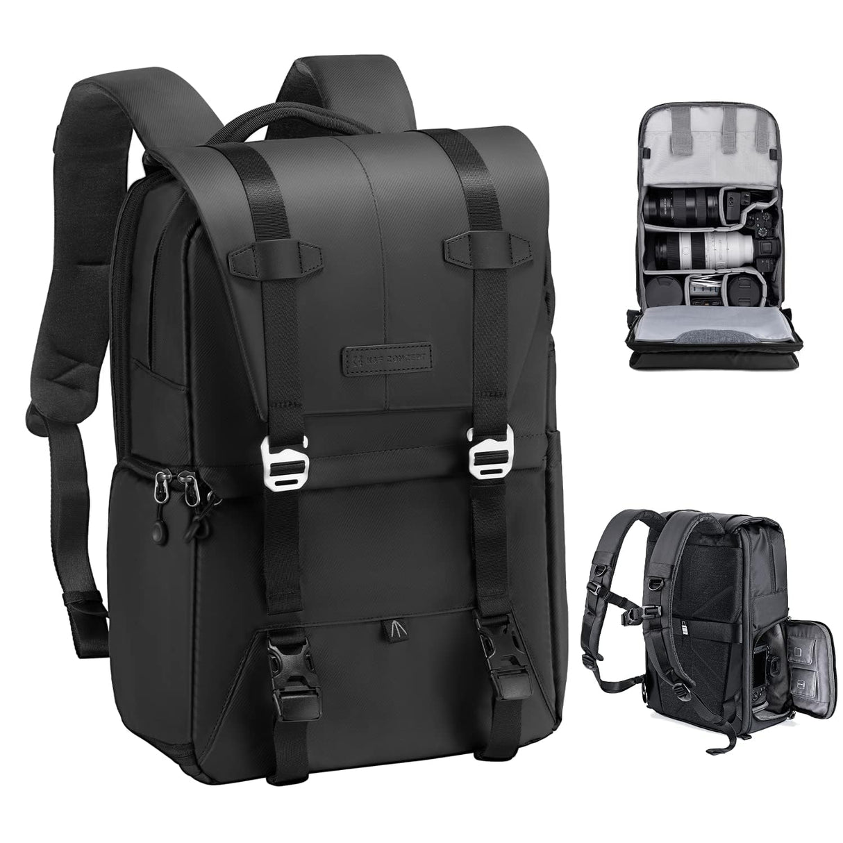 K&F Concept Mochila Camara Multifuncional， Mochila Fotografía Profesional, Mochila Fotográfica para Reflex Impermeable, Bolsa Cámara Compartimento para Portátil de 15.6 Pulgadas(20L) Negro