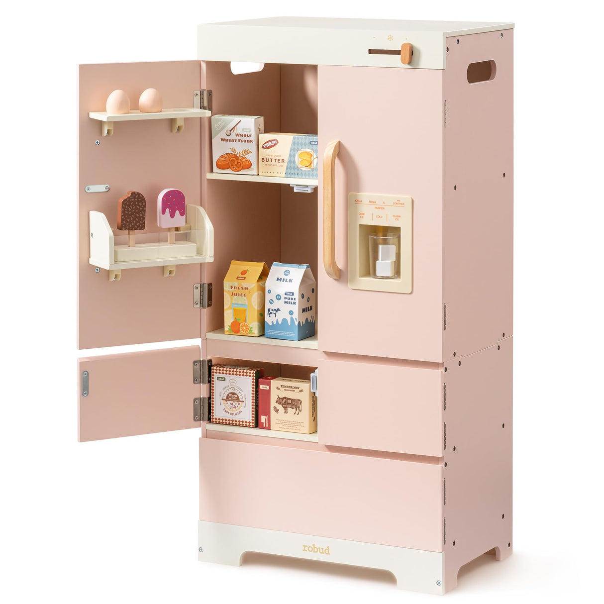 ROBUD Frigorífico de Madera - Realista e Interactivo con máquina de Hielo y Juguetes alimenticios - Apto para niños a Partir de 3 años - Rosa