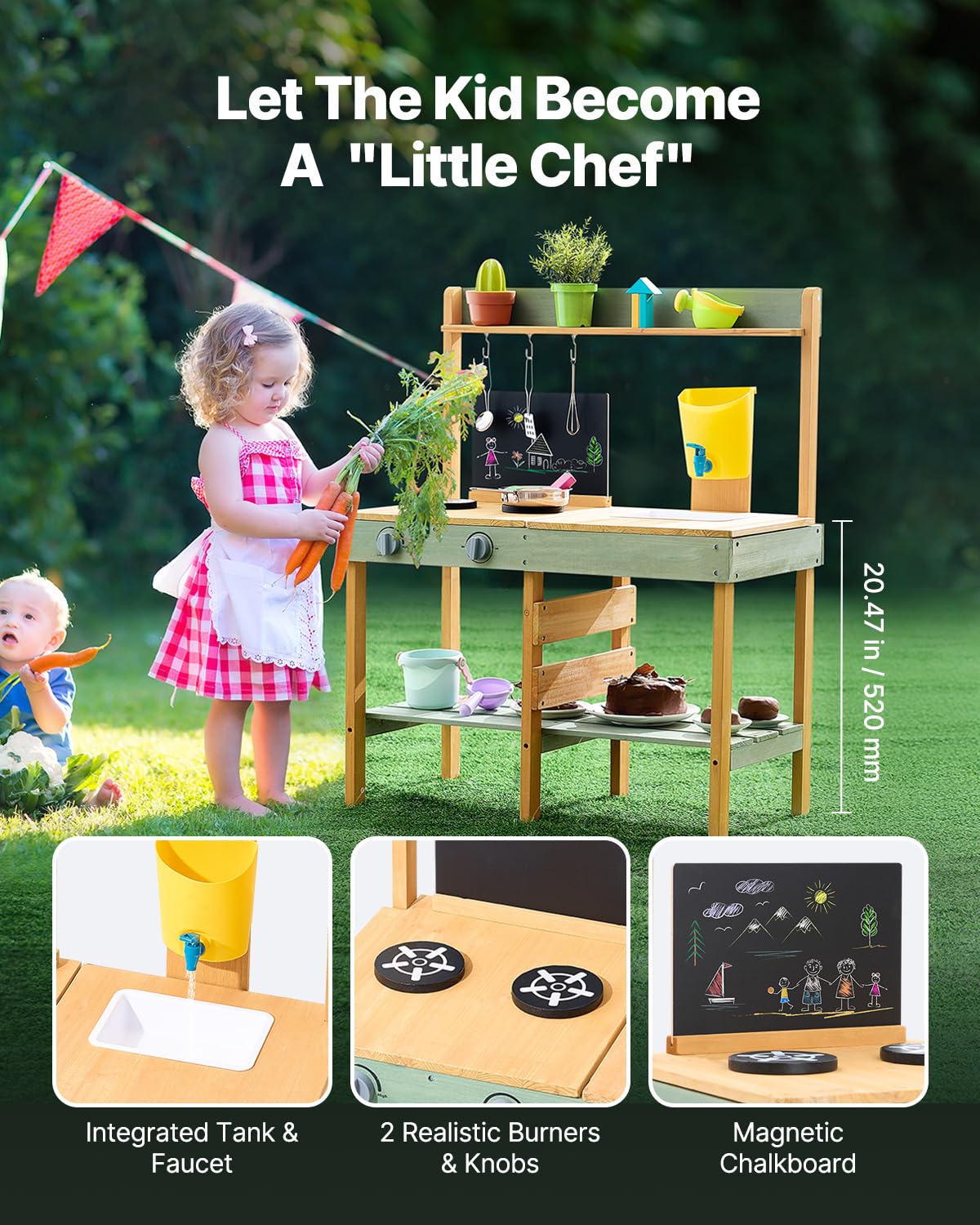 VEVOR Cocina de Barro para Niños 391 x 762 x 914 mm Juego de Cocina de Madera Cocina de Juguete para Niños Cocinita Infantil de Madera para Exteriores Cocina de Juego de Simulación con Accesorios