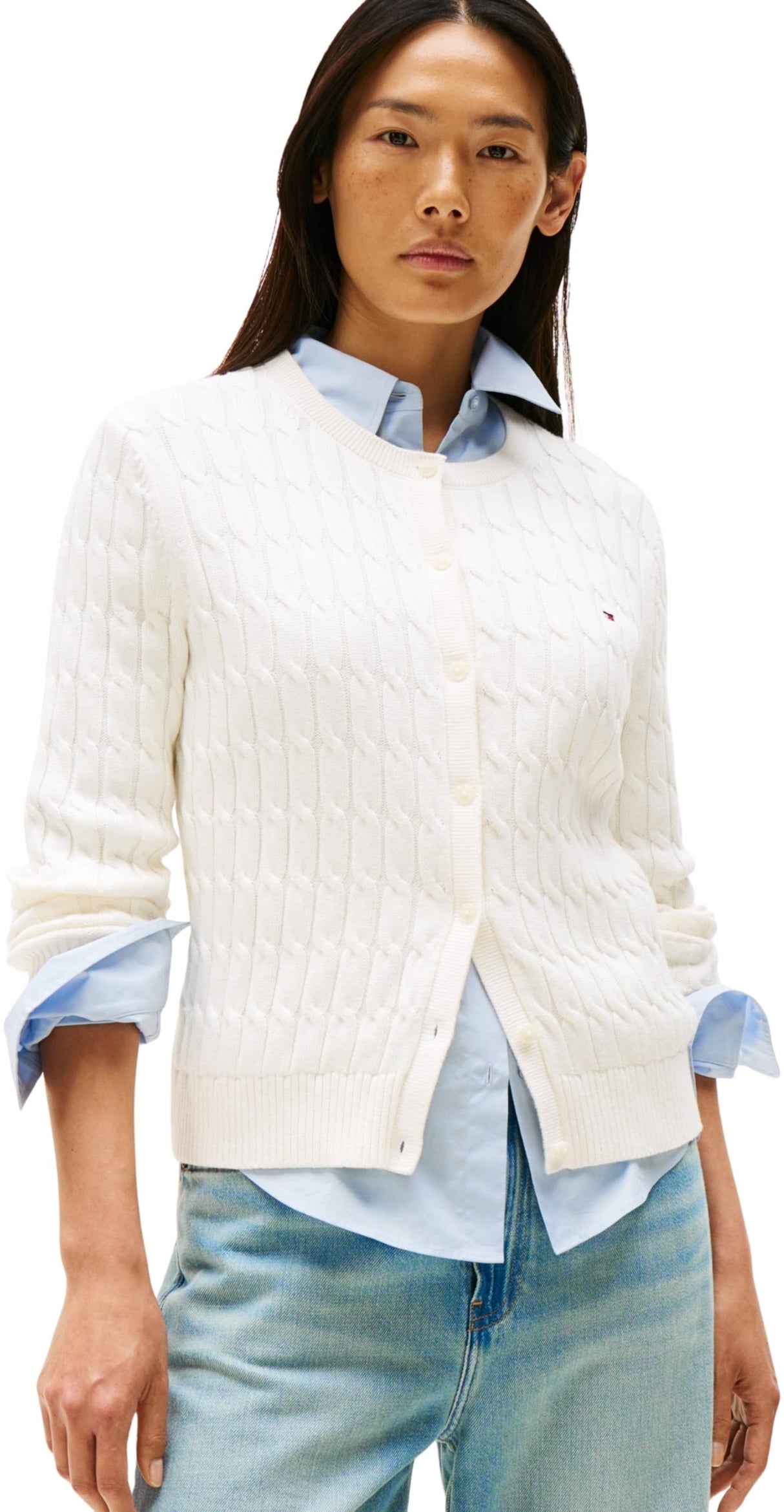 Tommy Hilfiger Chaqueta de punto Mujer Cardigan Co Cable Mid Slim Fit, Blanco (Ivory Silk), XL