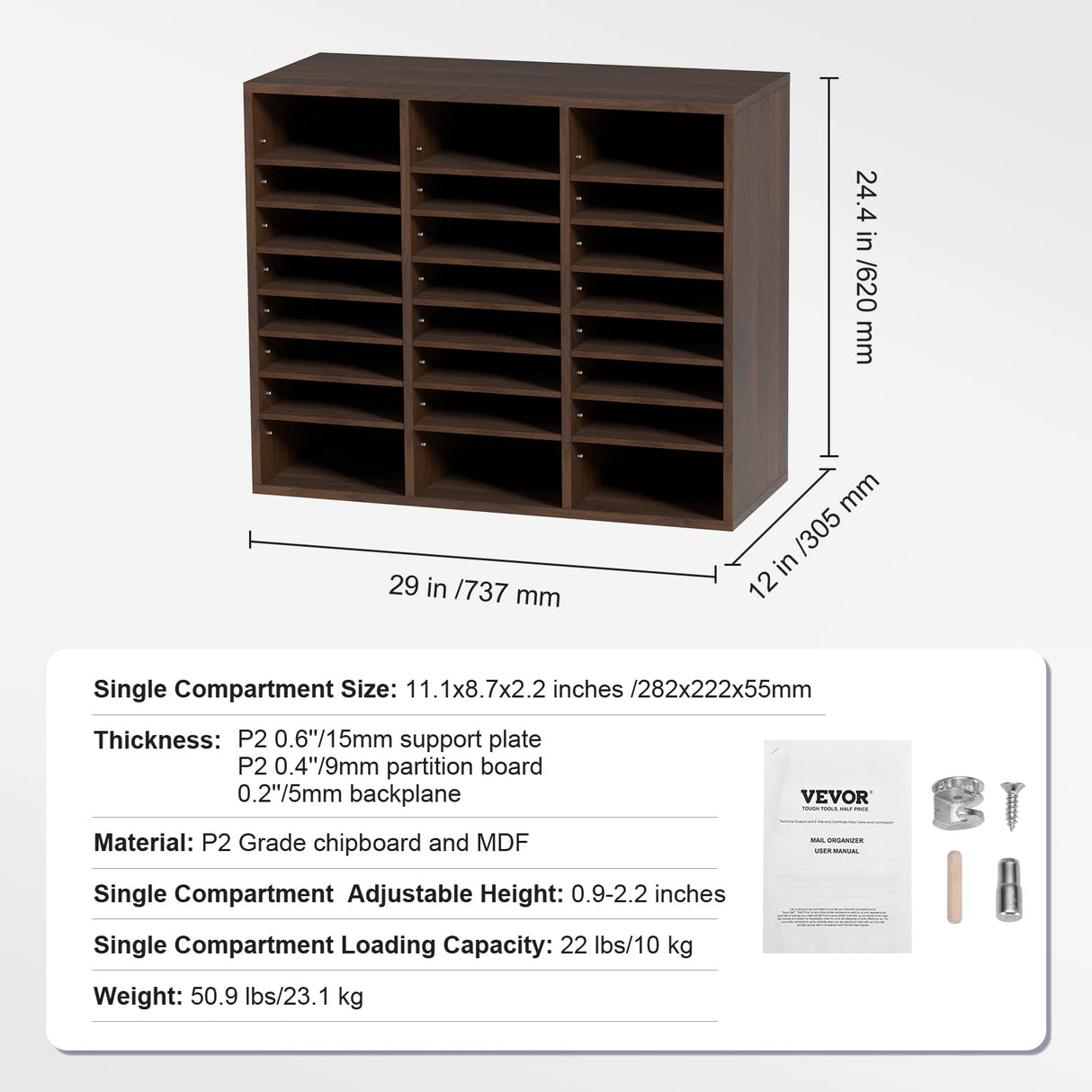 VEVOR Organizador de Literatura de madera Aglomerado Estante de Almacenamiento de Documentos de 24 Compartimentos 73,7x30,5x62 cm Clasificador de Literatura con Estantes Ajustables para Oficina Marrón