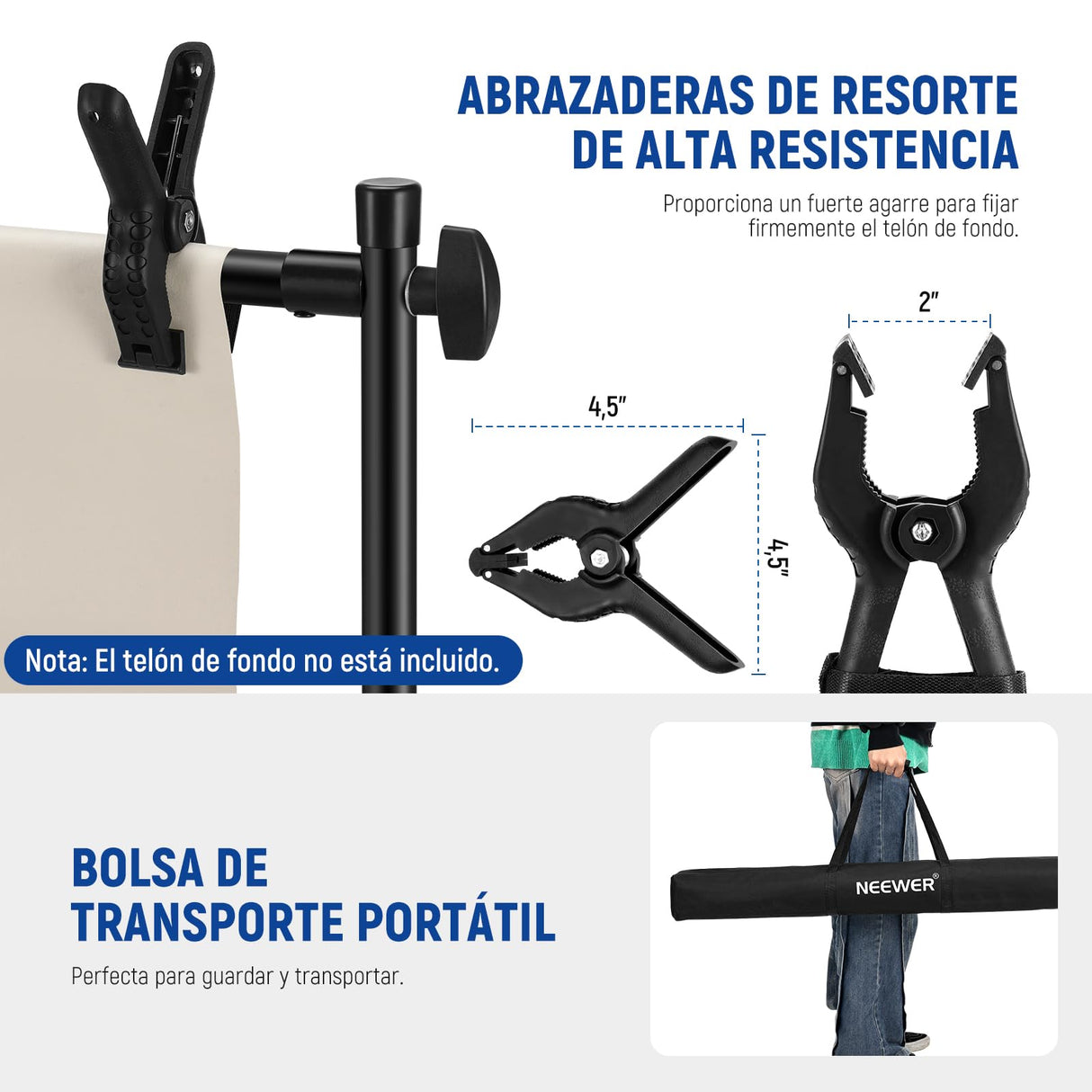 NEEWER Soporte de telón de fondo resistente con bases ampliadas, soporte de fondo de 10 x 8 pies con 4 barras transversales, 2 postes telescópicos, 4 clips de resorte y bolsa de transporte para sesión