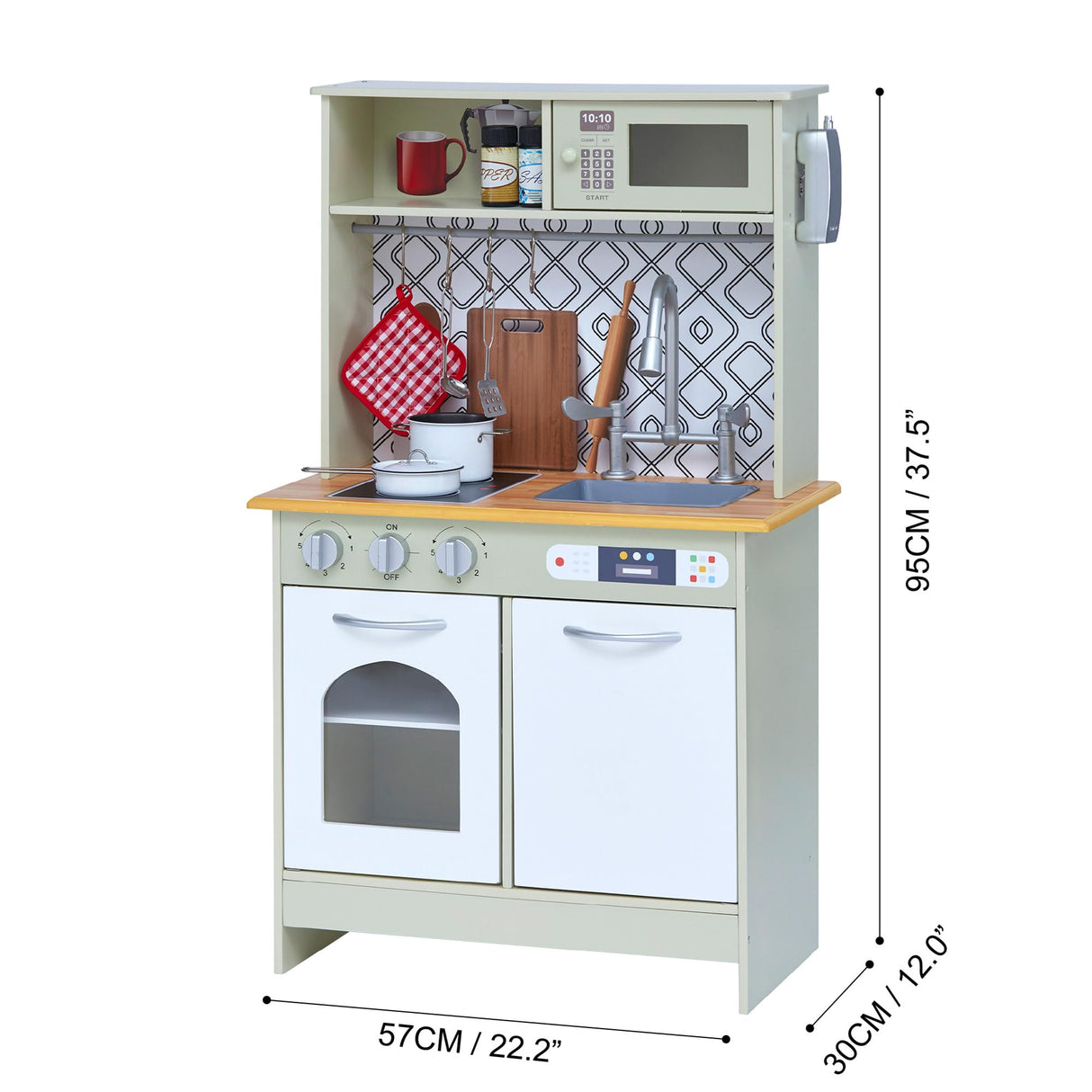 Teamson Kids Little Chef Boston Modern Farmhouse - Juego de Cocina de Madera con Funciones interactivas y 9 Accesorios de Cocina de Juego, Verde Claro/Blanco TD-12679D