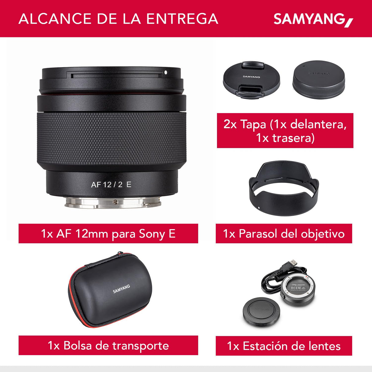 Samyan gAF F2.0 E + estación de Lente para Sony E – Autofocus APS-C de Gran Angular para Sony E Mount APSC, Color Negro