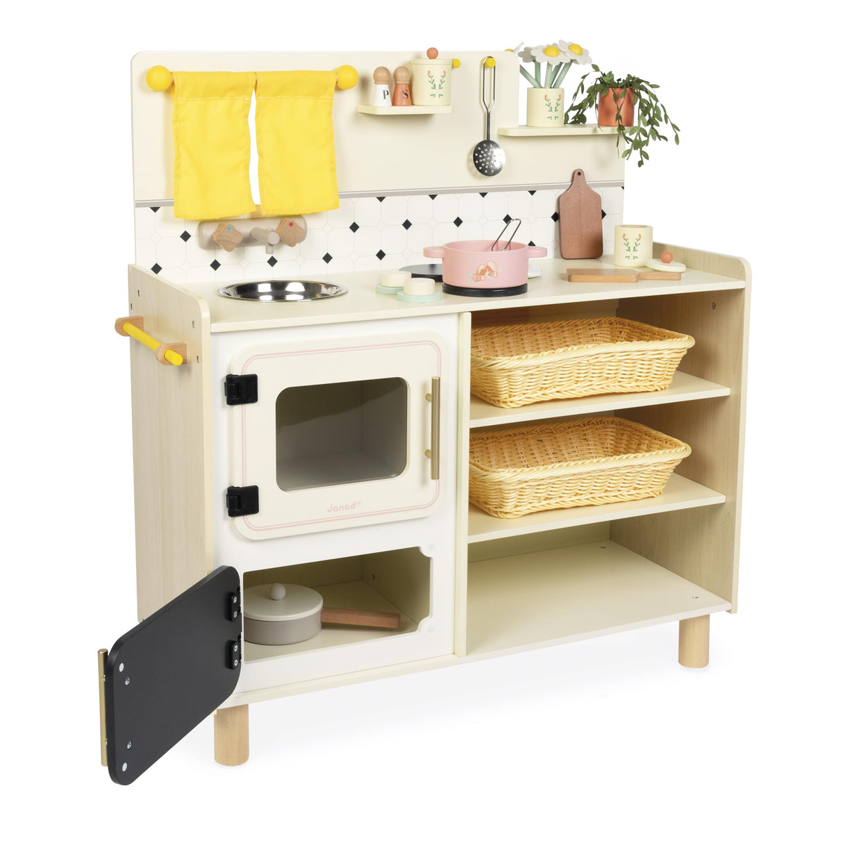 Janod - Gran Cocina Infantil de Madera - Equipada con 2 Hornos, Fregadero y 16 Accesorios Incluidos - Botones Sonoros Giratorios - Juguete de Imitación y Aprendizaje Temprano - A Partir de 2 años