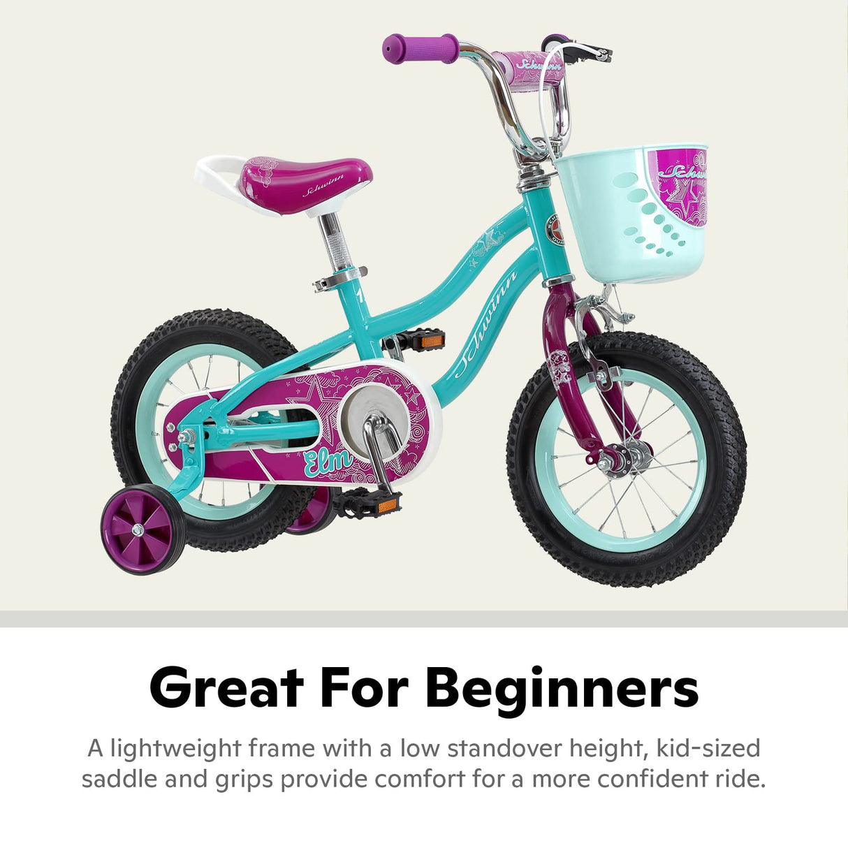 Schwinn Elm - Bicicleta para niños, ruedas de 12 pulgadas, asiento ajustable, incluye estabilizadores, rosa