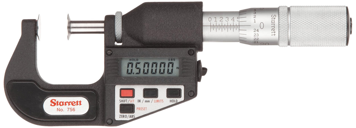 Starrett Micrómetro LCD tipo disco 756FL-1, dedal de fricción, tuerca de bloqueo, rango de 0-1 pulgada, graduación de 0.001 pulgadas