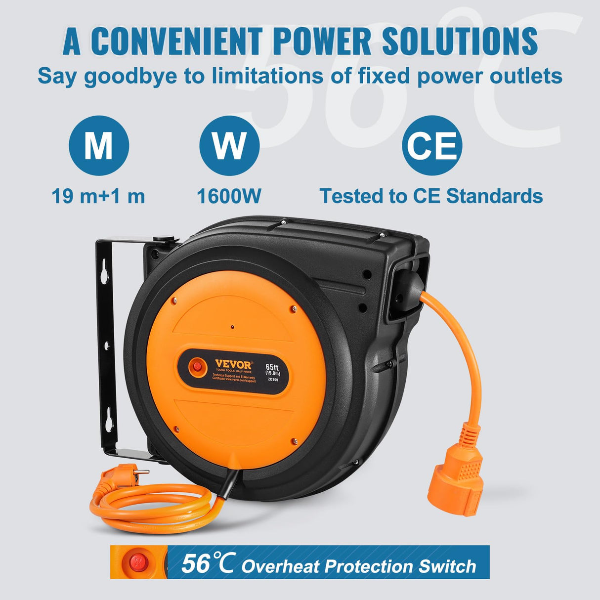 VEVOR Carrete de Cable de Extensión Retráctil 19 m 1600 W con Cable de Alimentación de 1 m Protección contra Sobrecalentamiento Carcasa de PP, Soporte Giratorio de 180° para Montaje en Techo, Pared