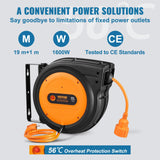 VEVOR Carrete de Cable de Extensión Retráctil 19 m 1600 W con Cable de Alimentación de 1 m Protección contra Sobrecalentamiento Carcasa de PP, Soporte Giratorio de 180° para Montaje en Techo, Pared