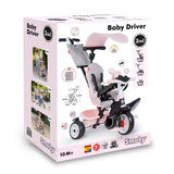 Smoby Triciclo Baby Driver Confort Rosa 3 en 1 Progresivo para Niños a Partir de 10 Meses, con Parasol Anti-UV, Volante con Claxon y Ruedas Silenciosas (7600741504)