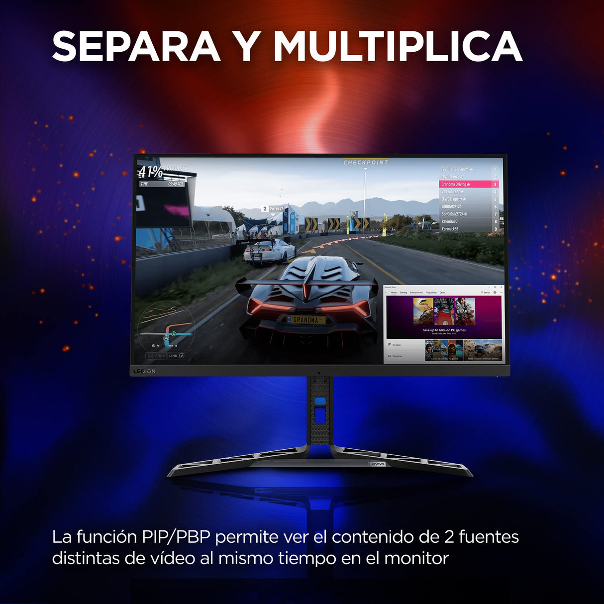 Lenovo Legion Y32p-30 - Monitor Gaming 31.5" 4K UHD con EyeSafe (IPS, 144 Hz, 0.2ms, HDMI DP USB-C + Cables, FreeSync Premium, HDR400, Altavoces) Ajuste de Inclinación/Elevación/Rotación - Negro