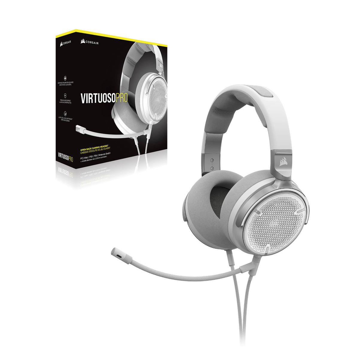 Corsair VIRTUOSO PRO Auriculares con Cable para Juegos Multiplataforma de Espalda Abierta - Micrófono Desmontable - Controladores Grafeno - PC, Mac, PS5, PS4, Xbox, Nintendo Switch, Móvil - Blanco