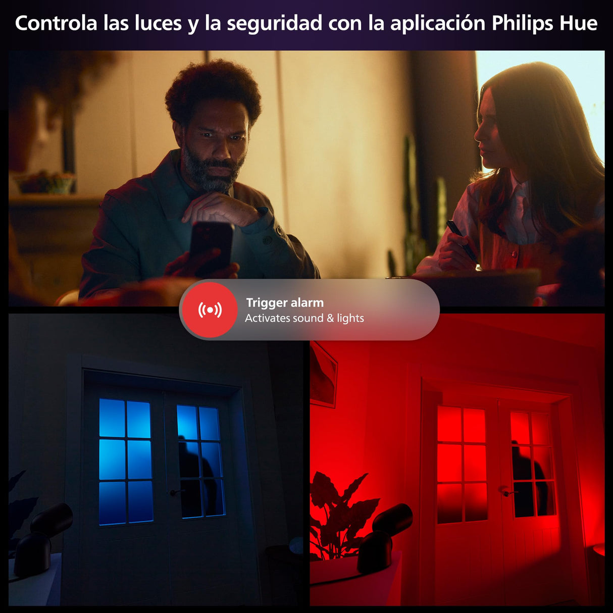 Philips Hue Secure Cámara de Video Vigilancia Inteligente con Base, para Exteriores o Interiores, Versión con Cable, Full HD Video, Control de Seguridad e Iluminación en Una Sola App, Negro