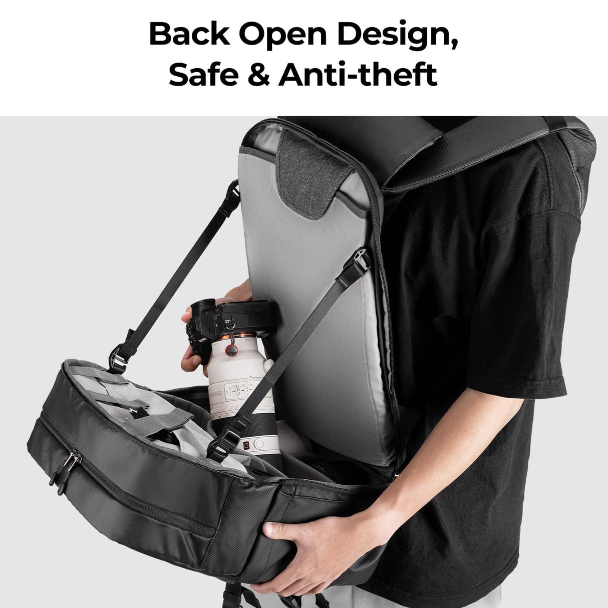K&F Concept Mochila Camara Multifuncional， Mochila Fotografía Profesional, Mochila Fotográfica para Reflex Impermeable, Bolsa Cámara Compartimento para Portátil de 15.6 Pulgadas(20L) Negro