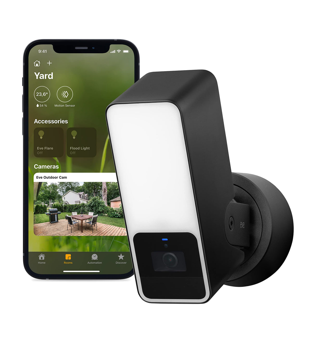 Eve Outdoor Cam – cámara segura con foco, máxima seguridad y privacidad (HomeKit Secure Video), 1080p, visión nocturna, Wi-Fi (2,4 GHz), sensor de movimiento, comunicación bidireccional