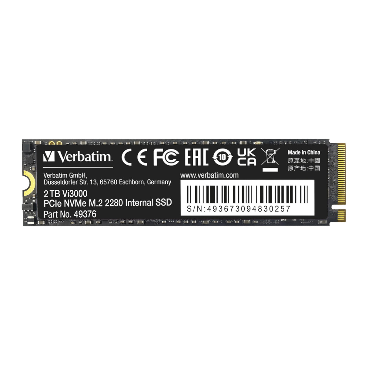 Verbatim Vi3000 NVMe M.2 - Unidad SSD Interna con 2 TB de Almacenamiento de Datos, Unidad de Estado sólido con Interfaz PCIe Gen 3, Color Negro