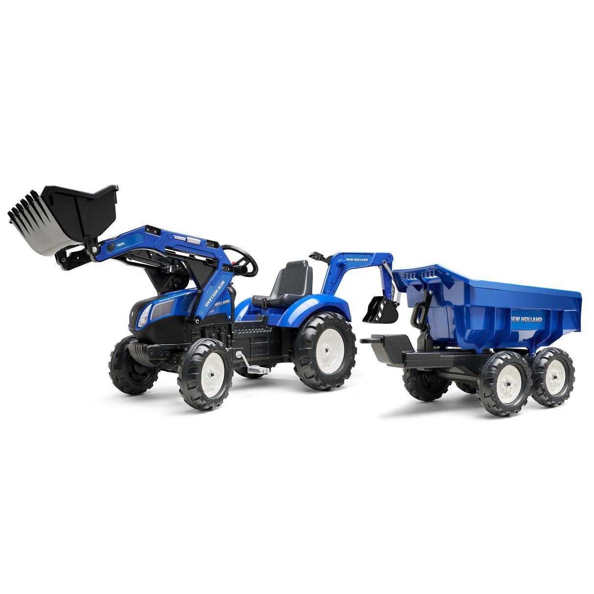 FALK - Retroexcavadora de Pedales New Holland con Excavadora y Remolque basculante - A Partir de 3 años - Fabricada en Francia - Asiento Giratorio - 3090W