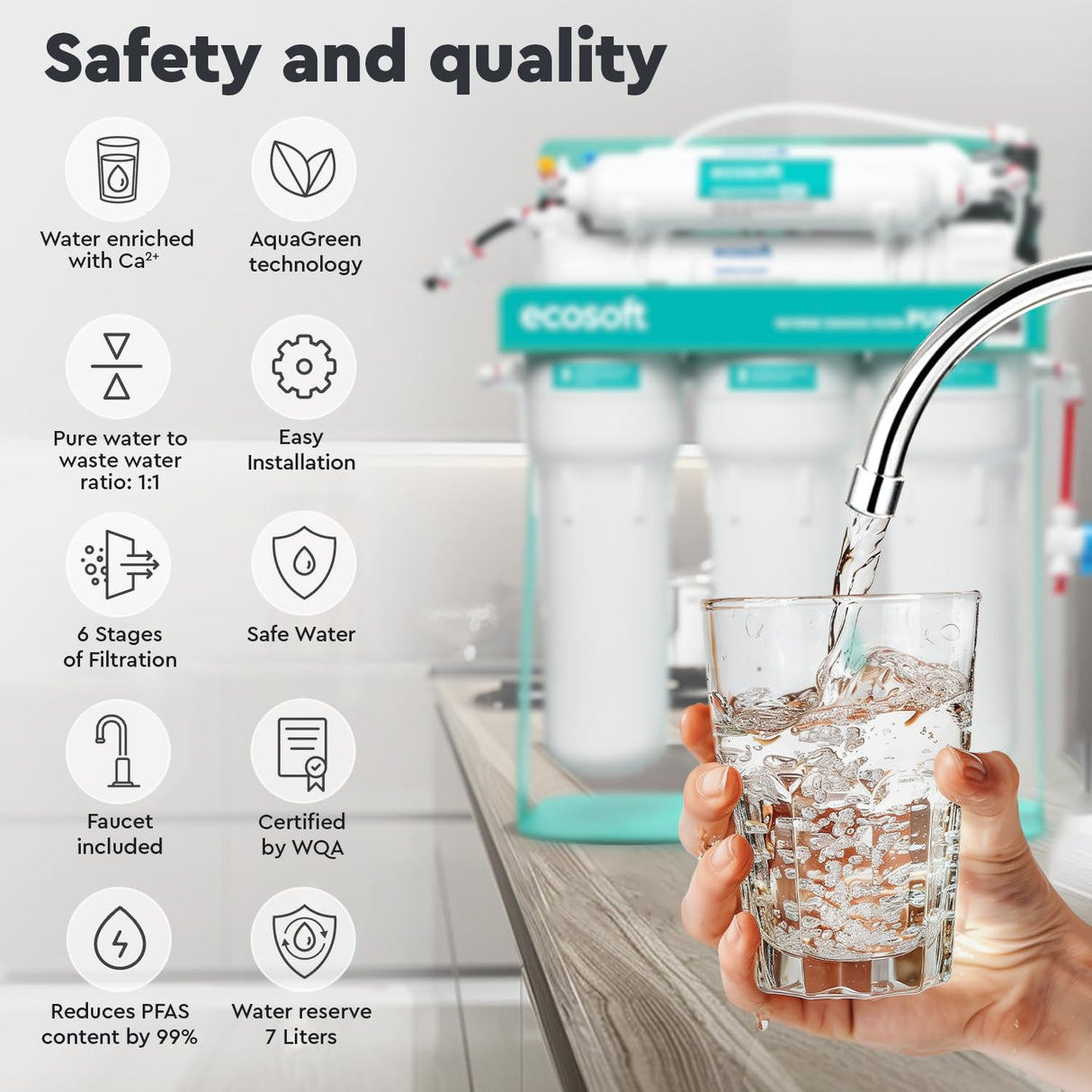 Ecosoft P'URE AquaCalcium - Filtro con Bomba Montado Sobre Estructura Metálica, Ósmosis Inversa Para el Hogar, Elimina el 99.8 % de los Contaminantes del Agua, Mineraliza el Agua Potable con Calcio