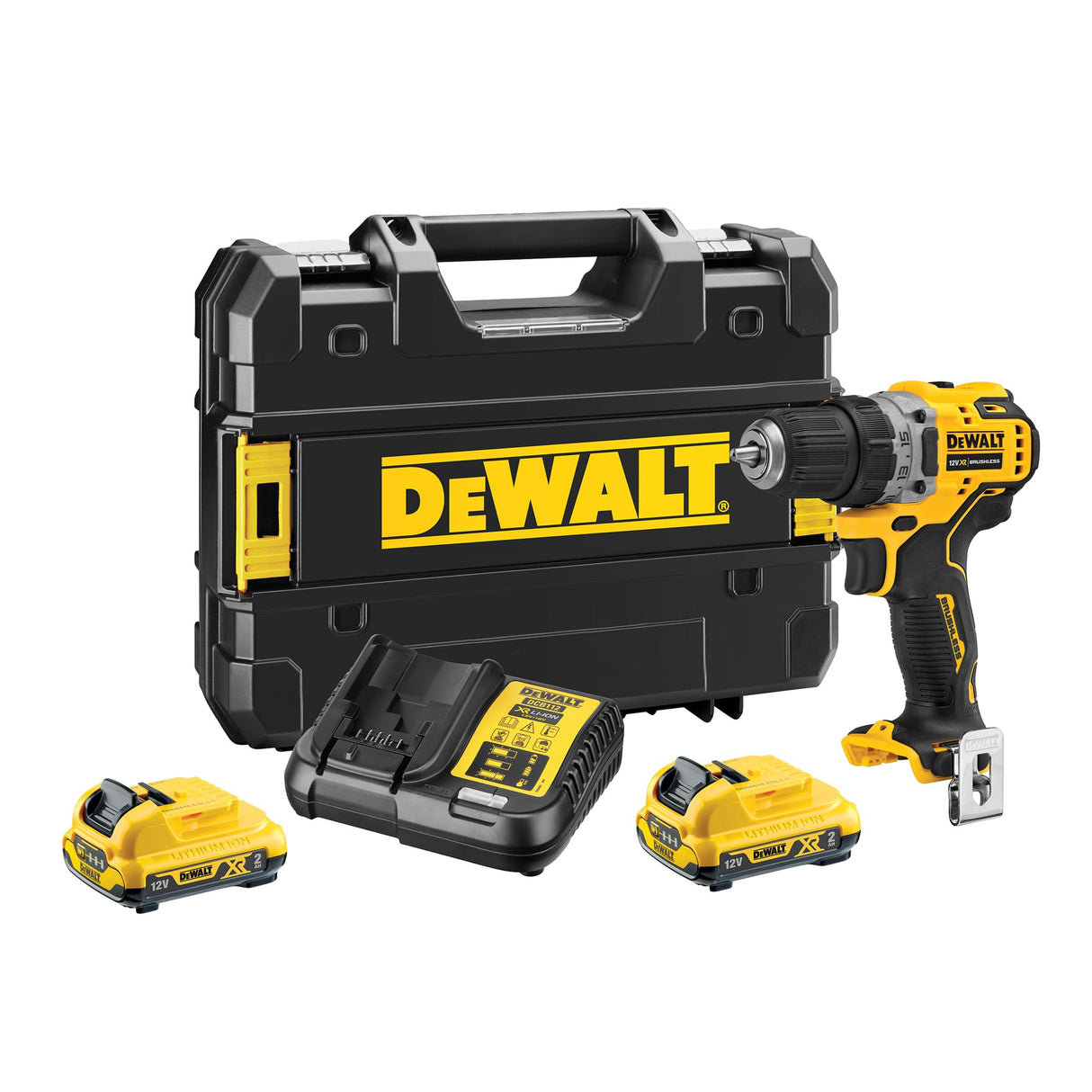 DEWALT Taladro atornillador sin escobillas XR 12V con 2 baterías XR Li-Ion de 2 Ah y cargador + maletín TSTAK, DCD701D2-QW