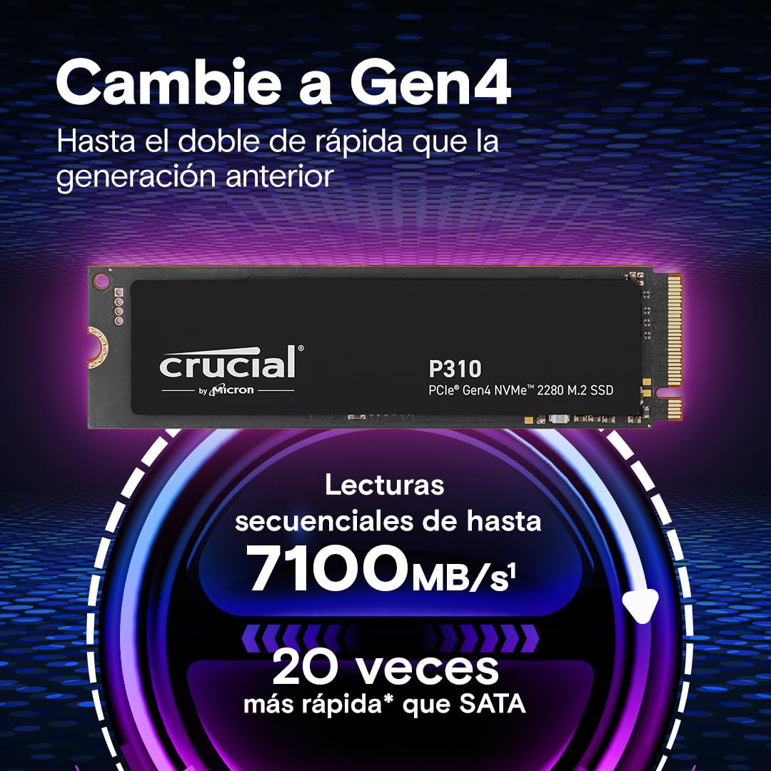 Crucial P310 SSD 2TB PCIe Gen4 NVMe M.2 2280 SSD Interno Gaming, Disco Duro SSD, hasta 7.100 MB/s, Compatible con Ordenador Portátil y de Sobremesa - CT2000P310SSD801 (Edición Acronis)