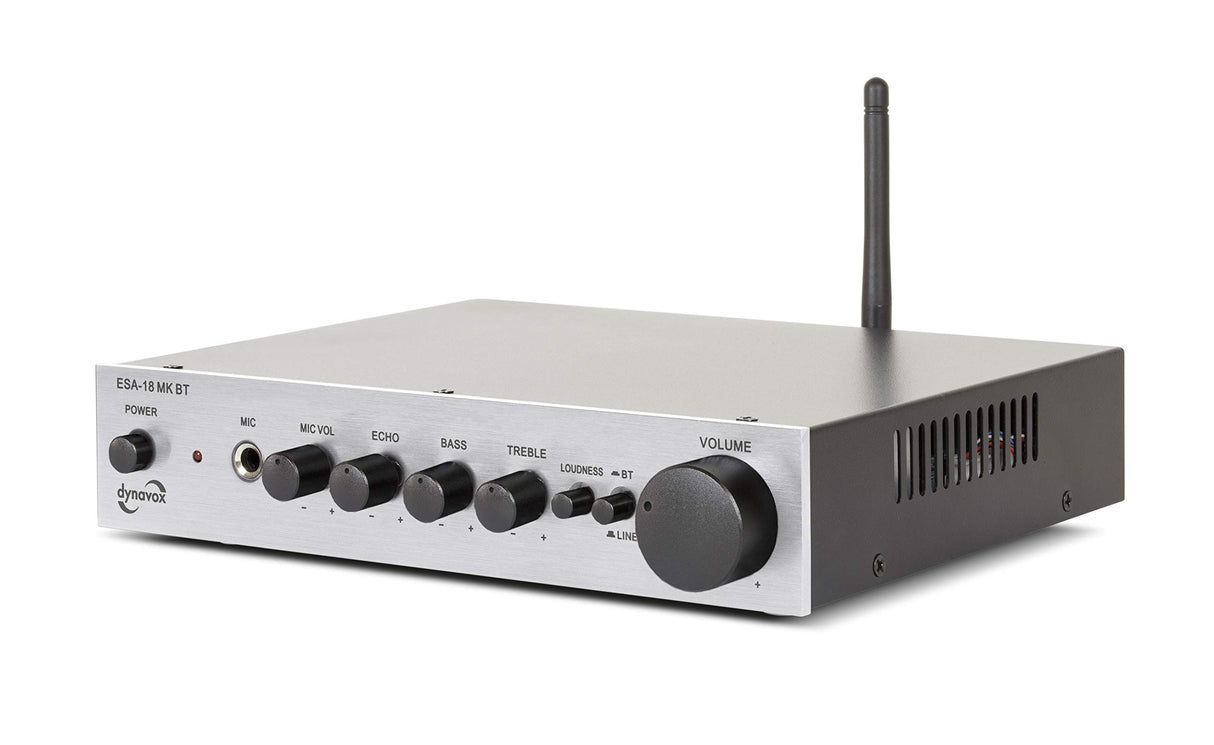 Dynavox ESA-18 MK BT - Amplificador estéreo Compacto, terminales de conexión atornillables para Altavoces, Antena BT integrada y Entrada de micrófono, Color Plateado