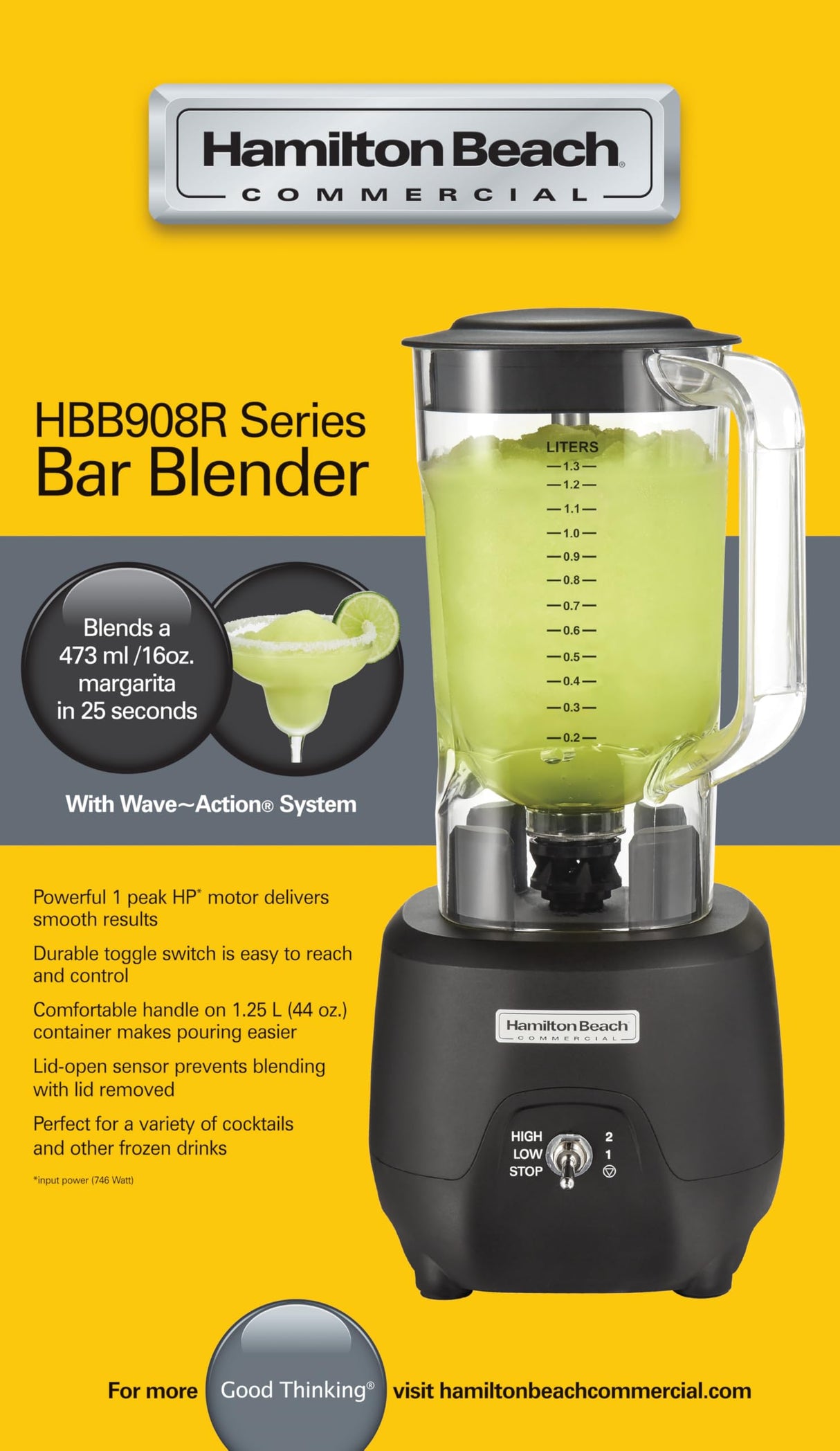 Hamilton Beach Batidora de Bar ® 908®R, HBB908R-CE, 1 HP, Recipiente de policarbonato de 1,3 L, 2 Velocidades, 220-240V, Negra