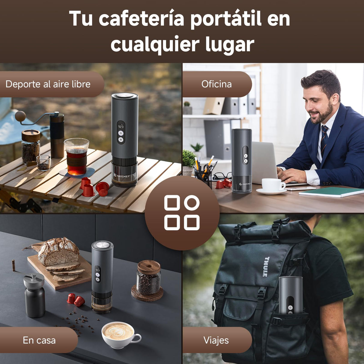 AMZCHEF Cafetera Portatil – 20 Bares, USB-C, Pantalla Digital,Compatible con Cápsulas – Cafetera Portátil Cápsula de Espresso para Viajes, Camping y Oficina,Aluminio