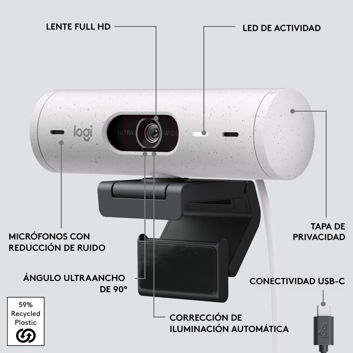 Logitech Brio 500 HD Webcam Ajuste Luz, Modo Visualización, Mics Duales con Reducción Ruido, Cubierta Privacidad Cámara Web, Admite MS Teams, Google Meet, Zoom, Cable USB-C, Webcam Streaming - Blanco