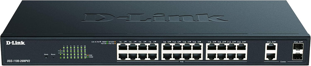 D-Link DGS-1100-26MPV2, Smart Switch 26 Gigabit Ports, Combo, PoE, Power Over Ethernet, Web Management, Layer 2, VLAN, Fanless, IGMP Snooping, VoIP VLAN, QoS, Network Security, Rack Mount
