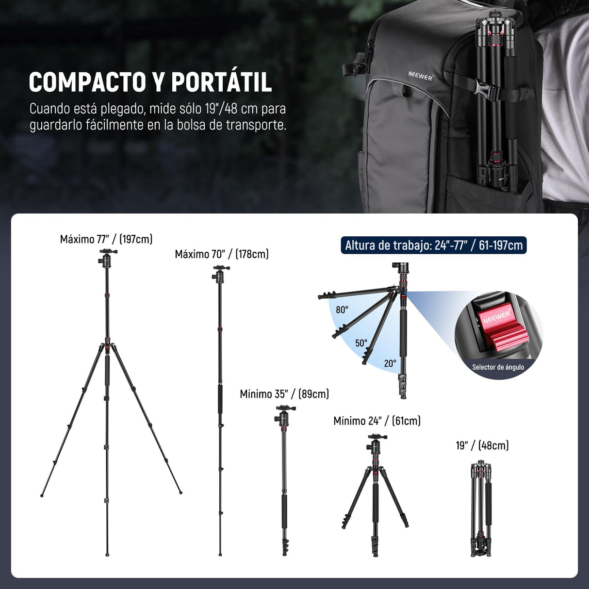 NEEWER 77" Trípode Monopie Cámara con Soporte Móvil Trípode Portátil Viaje con Control Remoto 360° Cabezal Esférico 2 Ejes Columna Central Placa Arca QR y Bolsa Trípode DSLR de Aluminio Máx 34lb, TP77