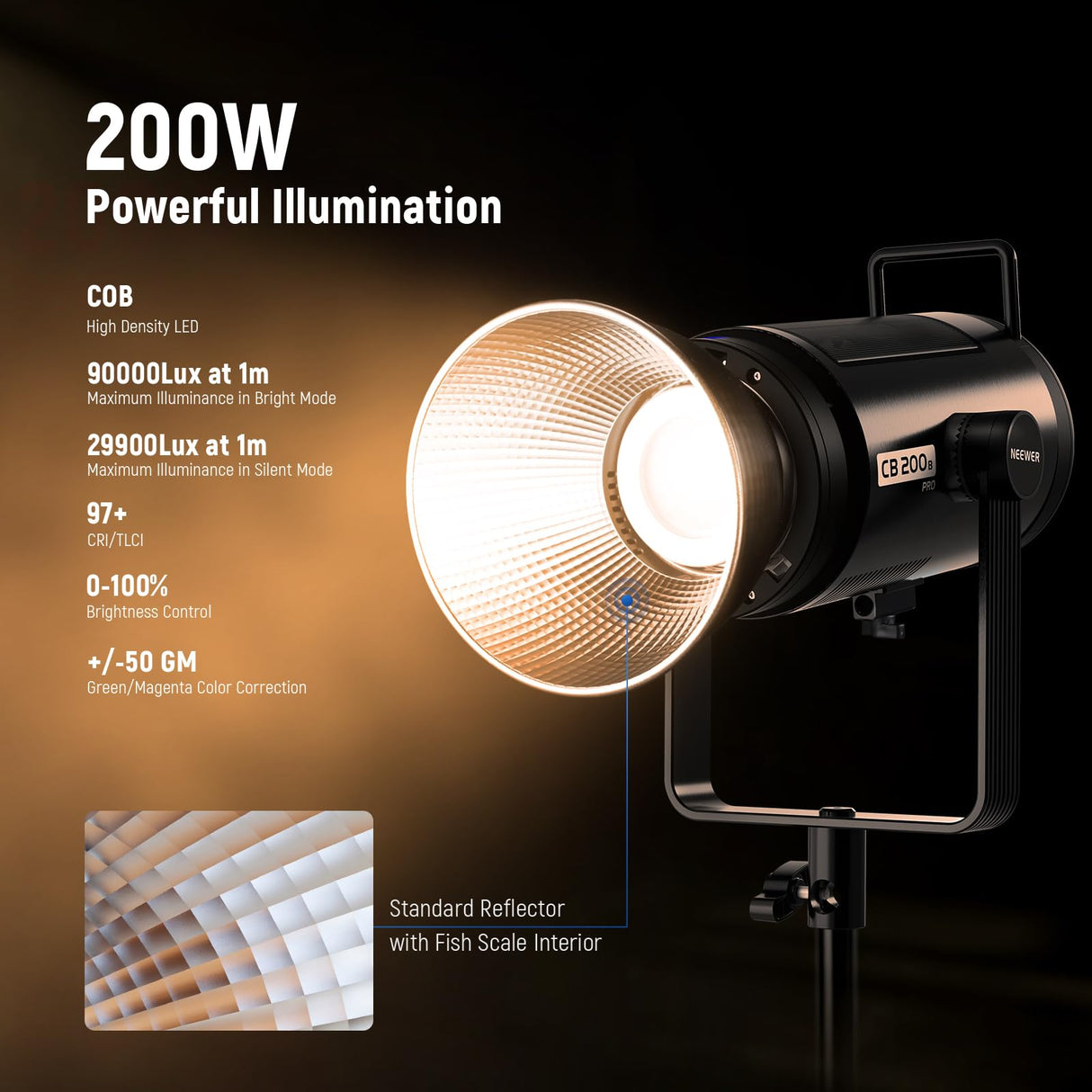NEEWER 210W Luz Vídeo LED COB con Control 2,4G/App, Luz Continua Iluminación Continua Bicolor 2700K-6500K Grabación Fotografía Estudio con Montaje Bowens, 90000lux/1m, CRI/TLCI97+, GM ±50, CB200B Pro