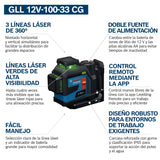 Nivel láser GLL 12V-100-33 CG de Bosch Professional (tres láseres verdes de 360°, 100 m de alcance (radio) con receptor, Levelling Remote, IP 65, LB 10, 4 x 1,5 V LR6 (AA), adaptador AA1, funda)
