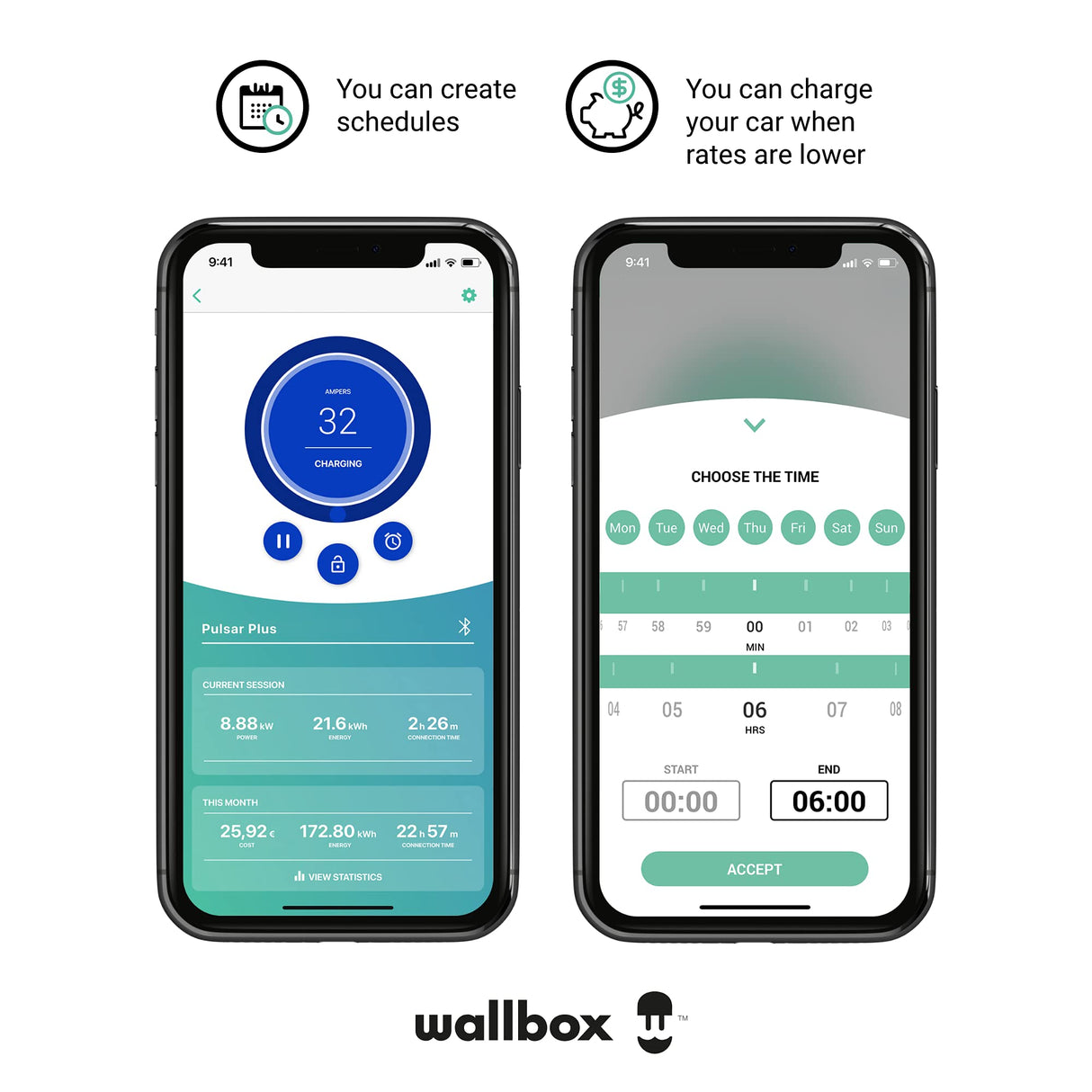Wallbox Cargador Copper SB para EV. Potencia de hasta 22 kW. Lector de Tarjetas RFID Integrado y Cable de Carga Tipo 2. Conexión WiFi y Bluetooth, y Compatible con OCPP.