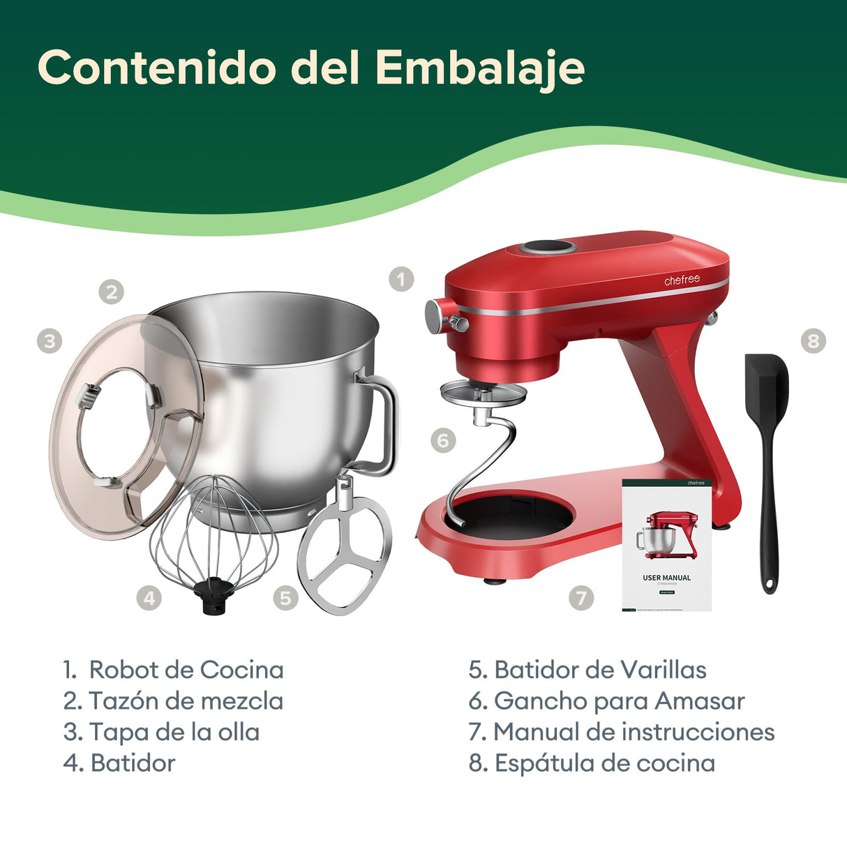 CHEFREE Batidora Amasadora Multifunción 1800W, 10 Velocidades de Rotación Planetaria, Robot Cocina con Bol de 7L, Gancho de Repostería, Batidor, Mezclador, Cuerpo de Metal, Rojo, M500