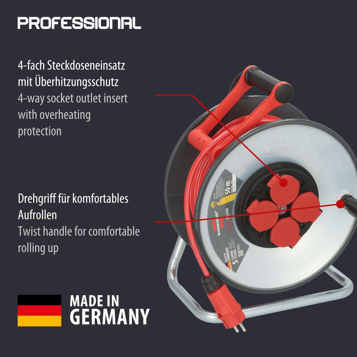 Brennenstuhl Professional SteelCore Carrete SC 5110 IP44 (50m H07BQ-F 3G1,5, Cuerpo de Carrete de Chapa de Acero, Uso en Obras de construcción y Uso en Exteriores permanentes, Fabricado en Alemania)