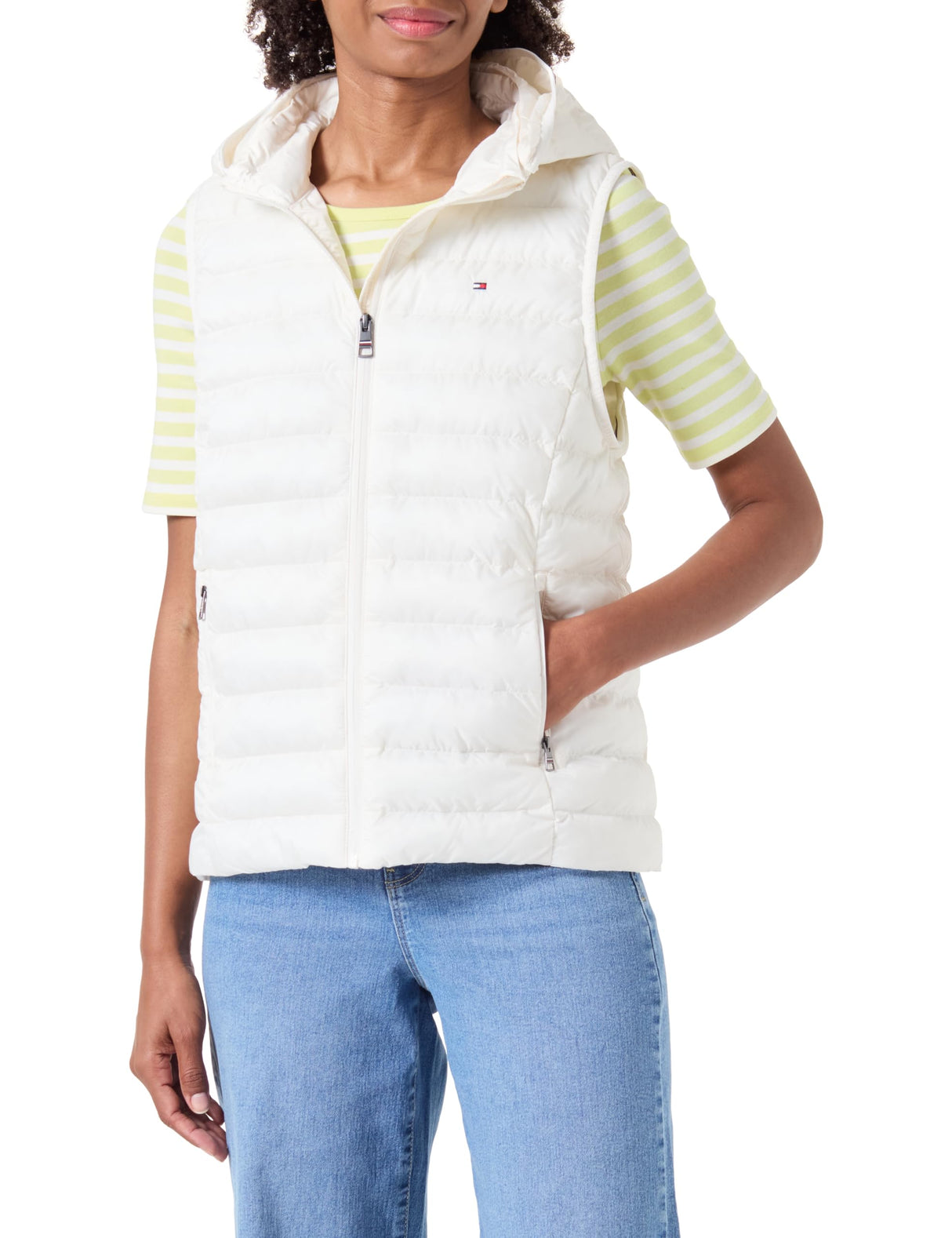 Tommy Hilfiger Mujer Chaleco Padded Global Stripe Chaleco Acolchado, Beige (Ancient White), XXS