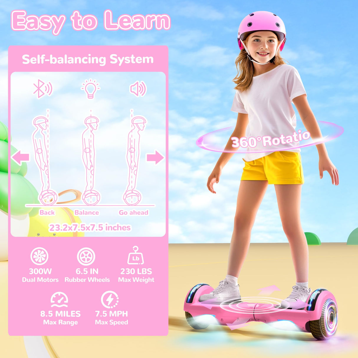 SISIGAD Hoverboard, Self Balancing Electric Gyropod 6.5 Inch Hoverboard Hover Scooter Board with Bluetooth Music, LED Lights for Kids
