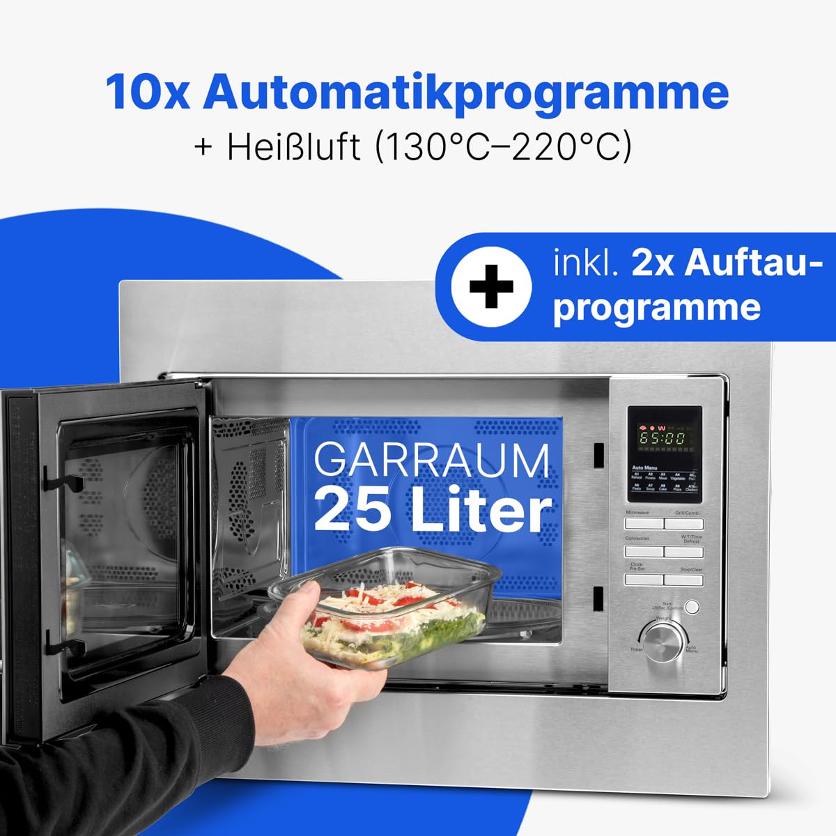 Microondas encastrable Bomann 3en1 con grill y convección,25 L de espacio de cocción, 10 programas automáticos,incl. rejilla grill y plato giratorio (Ø 32 cm),900 vatios,acero inoxidable,MWG 2216 H EB