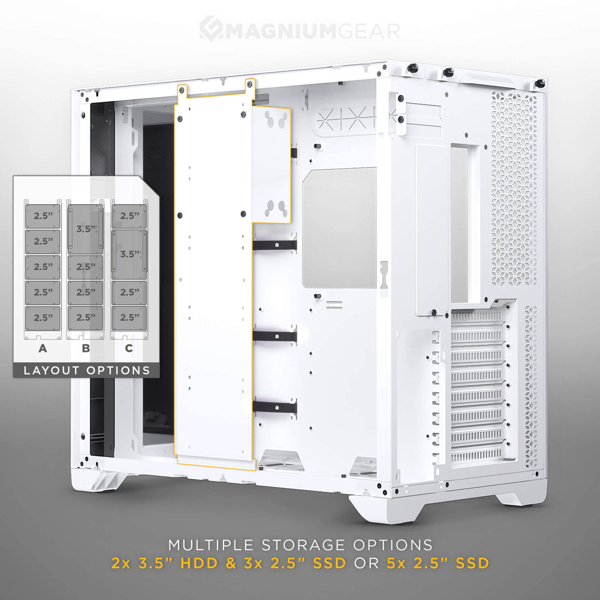 Magniumgear Neo Qube 2 IM, Doble cámara ATX Mid-Tower, Digital-RGB Infinity Mirror Frontal Panel, Tempered Glass Panels, Blanco