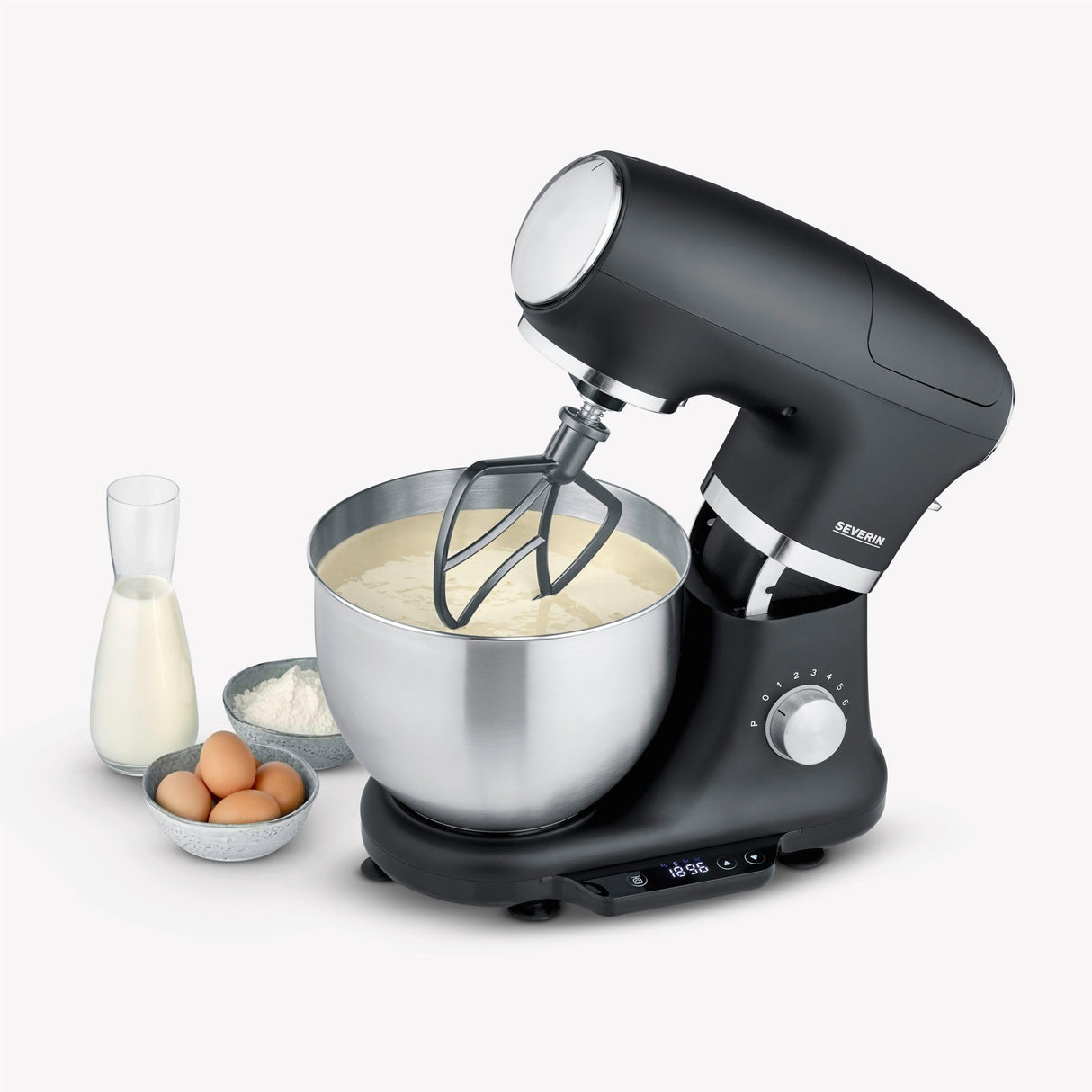 SEVERIN Robot de cocina con báscula, amasadora profesional hasta 3kg, robot multifunción con gancho amasador, batidor plano y varillas, 1000 W, negro mate/acero inoxidable, KM 3898