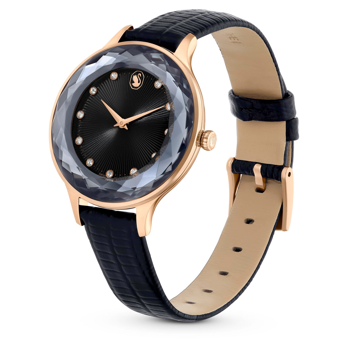 Swarovski Reloj Octea Nova, Fabricado en Suiza, Correa de piel, Negro, Acabado tono oro rosa