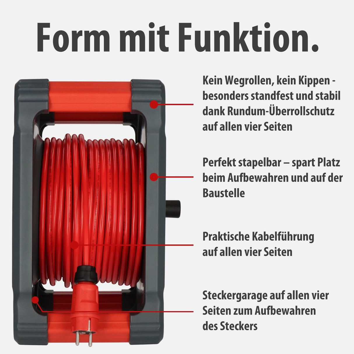 Brennenstuhl Carrete de Cable Profesional KA 3110 5 IP44 (Cable H07BQ-F 3G1,5 de 33 m en Rojo, Uso en Obra y Exterior Permanente, 5 enchufes de Seguridad, Made in Germany)