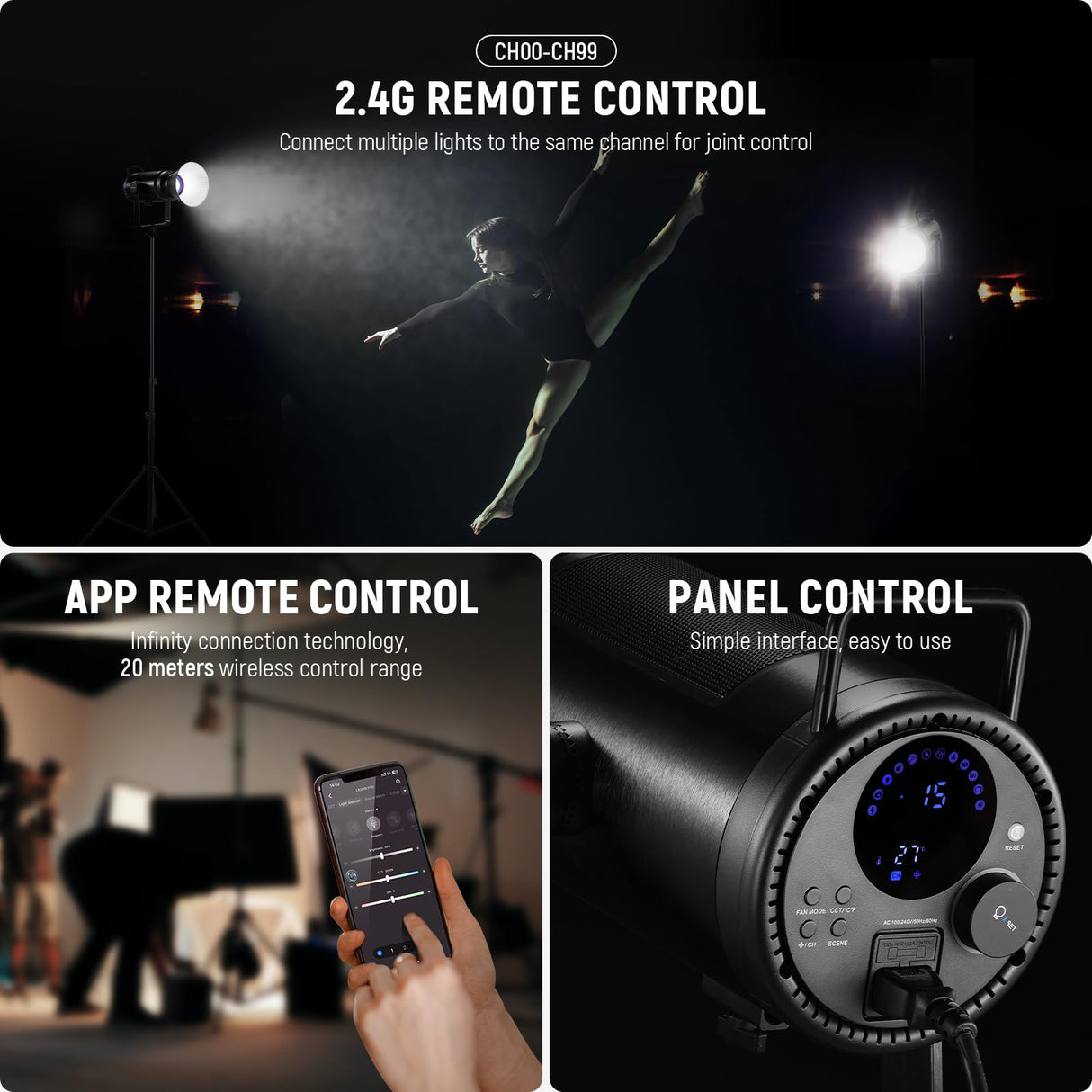 NEEWER 210W Luz Vídeo LED COB con Control 2,4G/App, Luz Continua Iluminación Continua Bicolor 2700K-6500K Grabación Fotografía Estudio con Montaje Bowens, 90000lux/1m, CRI/TLCI97+, GM ±50, CB200B Pro